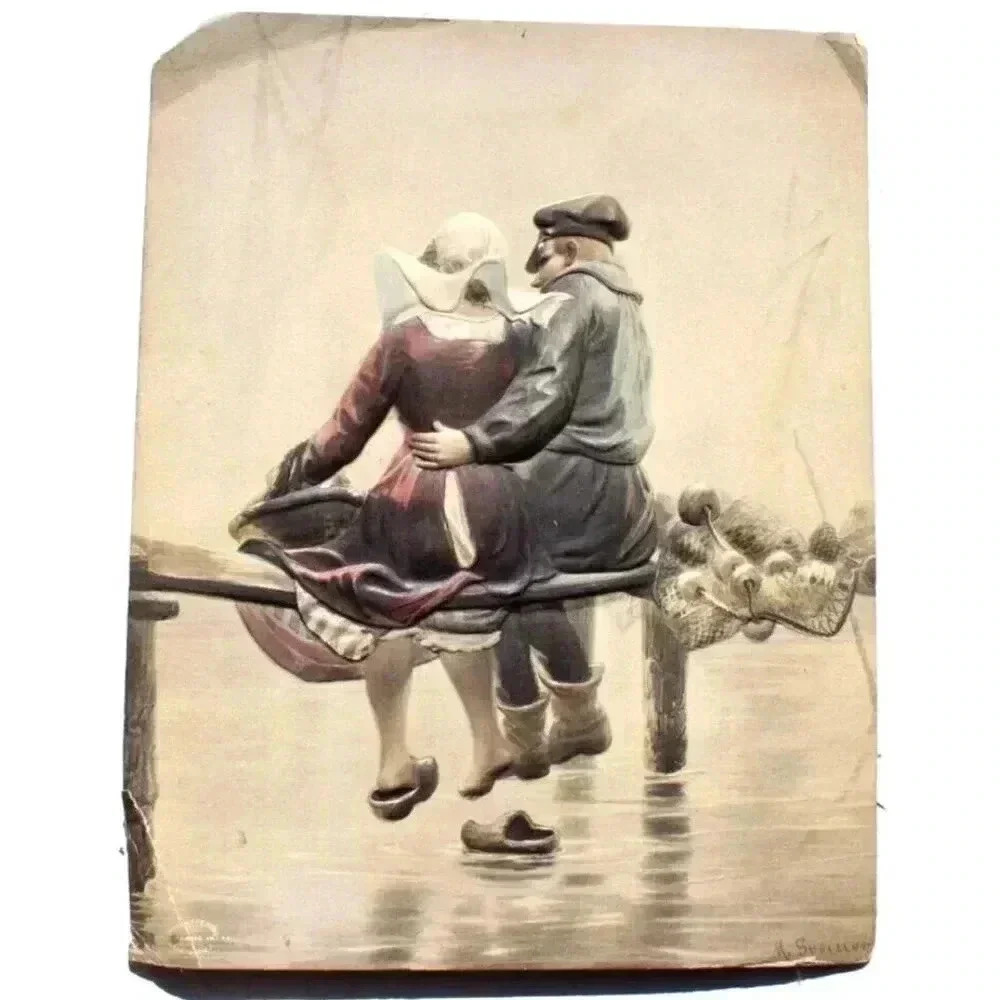Antique Dutch Man & Woman Alfred S. Campbell Art Relievo 3-Dimen Embossed Photo